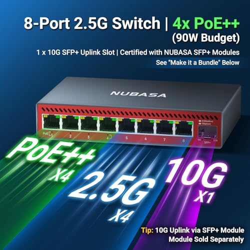 Image of 2.5Gb PoE++ Switch with 10G SFP+ Uplink, 8-Port 2.5GbE (4-Port 802.3bt 60W), 90W PoE Budget, Silent Aluminum Metal Shell, High-Speed Network Switch for 4K PTZ IP Cam, NAS, Access Points
