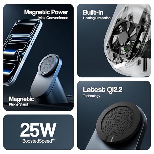 Image of Ambrane 25W Qi2.2 Magsafe Wireless Charger with Stand & Heat Control Mechanism, Perfect for Table, Fast Charge 40% in Just 30 Mins Wirelessly for iPhone 12-17 All Models (AerosynQ 4, Grey)