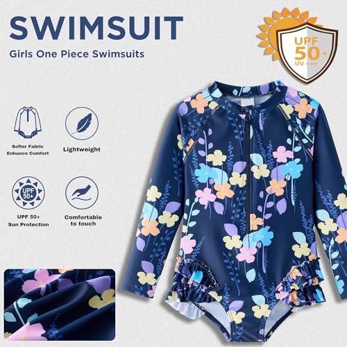 Image of UMELOK Girls Long Sleeve Rash Guard One Piece Swimsuits UPF 50+ Ruffle Zipper Bathing Suit 4-10 Years