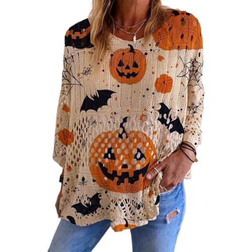 Witchy Cozy Vibes – Halloween Pumpkin Knit Sweater, Women Long Sleeve Top Cover-Up with Bat & Pumpkin Print