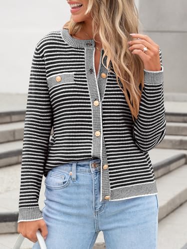 ANRABESS Women's Striped Cardigan Sweaters Casual Long Sleeve Open Front Button Down Knit Cropped Jackets Fall Coat Outerwear2