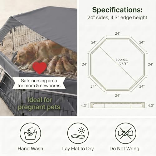 Image of PJYuCien Octagonal Playpen Top Cover for 24 inch Side Metal Pet Pen, Gray | Cozy Den for Puppy Small Animals, Half Mesh Half Oxford with Silver Coating, Predator & Weather Protection, Snap Hooks