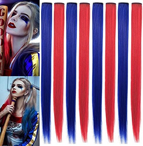 IAMERUI Multi-Colors Hair Extensions Party Highlights Straight Clip in/on Colored Hair Streak Synthetic Hairpieces 8 Pieces (Blue Red)