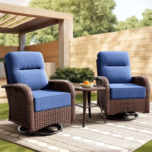 NUSBAY Patio Furniture Set with 6-Inch Thick Cushions, High Back Outdoor Swivel Rocker Chairs and Side Table, 3-Piece Easy Assembly Conversation Set for Porch Deck Balcony Yard in Blue