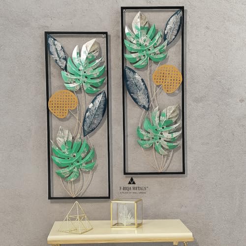 Image of F-RIQA METAL Set of 2 Leaf Design Metal Wall Art | Modern Green & Gold Iron Wall Hanging Frames for Living Room & Bedroom Decor | 36x13 Inch EACH (Handcrafted Metal Wall Decor) (DRAGON-LEAF-SET 2P)
