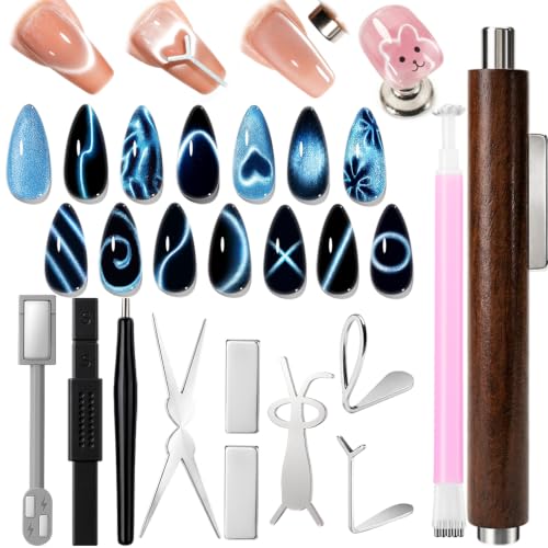 Image of AZUREBEAUTY Cat Eye Magnet Set, Heart Rabbit French Cat Eye Gel Nail Tool Kit, 3-in-1 Wooden Cylinder Magnet Pen, Creates Stripes, Black Hole, Flower&Glassy Moon Effects for DIY & Salon Use