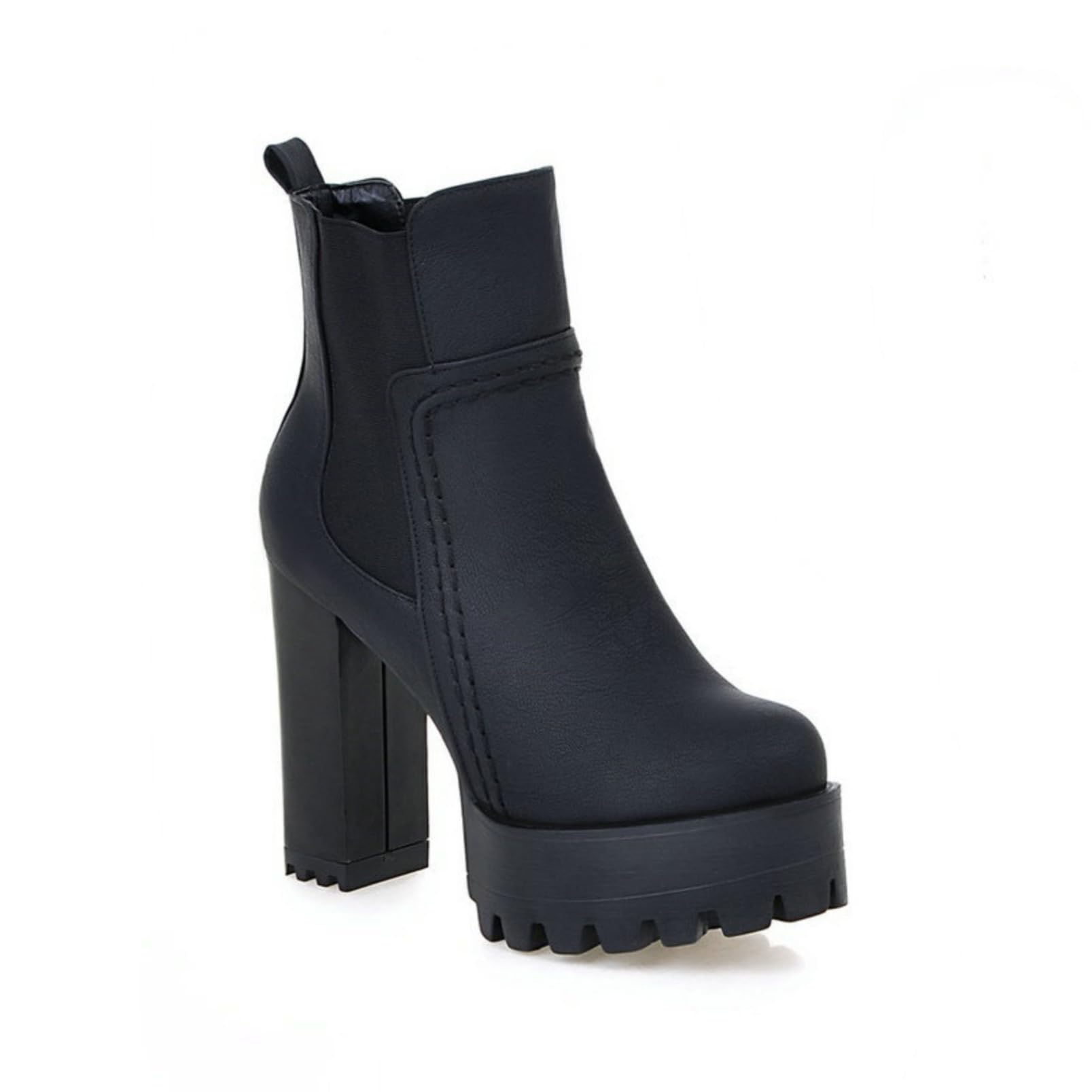 Womens Round Toe Ankle Boots Chunky High Heel Chelsea Style Platform Slip-On Winter Slouch Leather Wide Calf Stretchy
