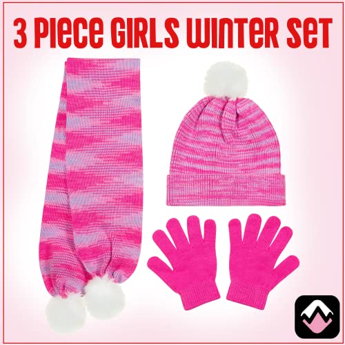 PEAK 2 PEAK Girls 3-Piece Beanie Hat, Scarf & Glove Set – Warm Winter Matching Accessories with Pom-Poms3