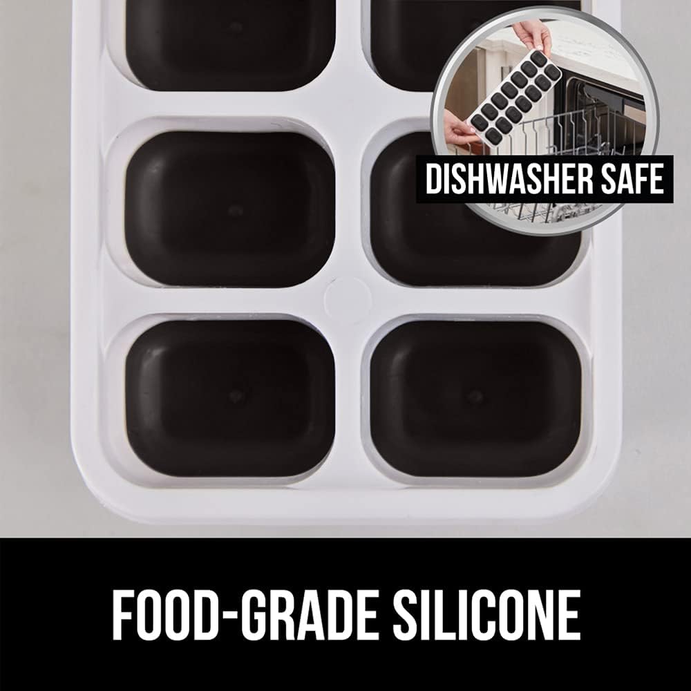 Gorilla Grip Easy Release Flexible Silicone Ice Cube Trays, Spill Proof Lid Cover, Makes 14 Ice Cubes Each, Stackable in Freezer, No Water Spills, Great for Iced Coffee and Cocktails, 2 Pack, Black