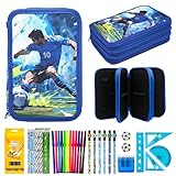 Ronronner 46pcs Federmäppchen Jungen – Fußball Motiv | Mäppchen Jungs 3fach mit 24 Buntstifte + Watercolor Stifte | Federtasche Jungen groß als Schlampermäppchen für die Schule