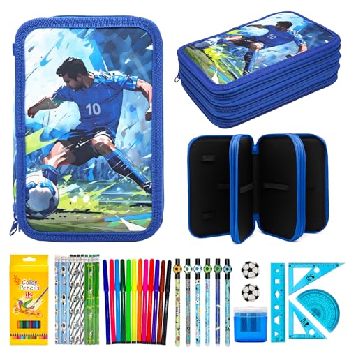 Ronronner 46pcs Federmäppchen Jungen Fußball Motiv | Mäppchen Jungs 3fach mit 24 Buntstifte + Watercolor Stifte | Federtasche Jungen groß als Schlampermäppchen für die Schule