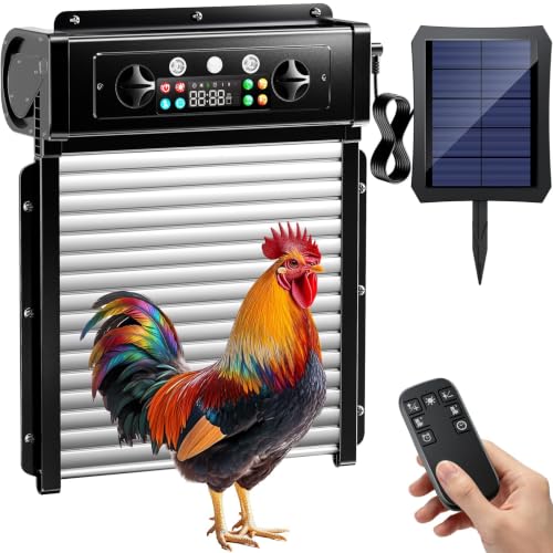 Automatic Chicken Coop Door Solar Powered Roll-Up Chicken Door with Timer & Light Sensor Anti-Pinch Safety Auto Chicken Door with Remote Control Weatherproof Aluminum Coop Door (Black1)