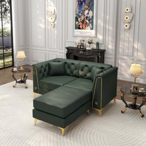 Image of KEIKI 62 inch Faux Leather Chesterfield Sofa with Handmade Button Tufted, Green