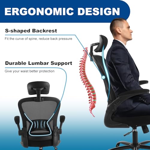 Image of Youhauchair Adjustable Mesh Ergonomic Office Chair with Wheels, Black | Flip-up Arm, Lumbar Support, Height Adjustable, Breathable, Rocking, Mid Back Swivel Compurter Chair with Headrest, Set of 1