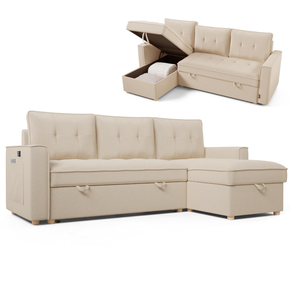 Nalui - Sofa Cama Chaise Longue Haven 213x129x81cm Reversible con Arcón de 127,6L. Sofa de Salon 3 Plazas Convertible en Cama de 122 x 190 cm. Incluye Bolsillos y Tejido 360º, Beige