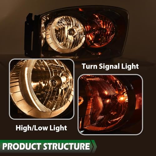 Image of GRAND ORANGE Headlight Assembly Diver Left Side Compatible with Dodge Ram 1500 Truck 2006-2008 /Fit Dodge Ram 2500 3500 Truck 2006-2009 w /Bulbs Clear Lens Chrome Housing Amber Reflector