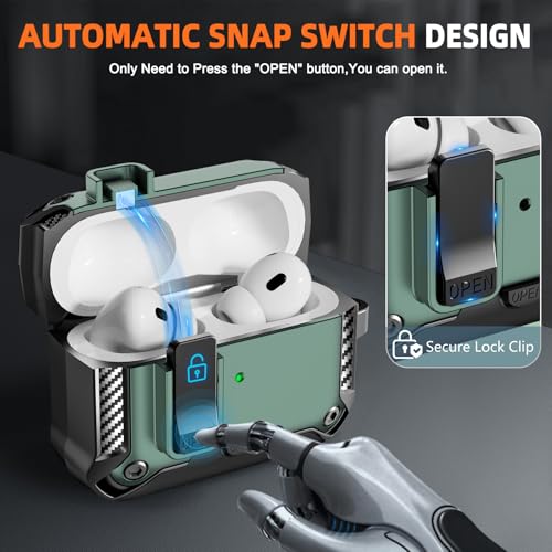 Image of for AirPods Pro 1st /2nd Case with Lock & Phone Stand(Green) | Automatic Snap Switch Lock,Carbon Fiber Texture Design Cover with Cleaner Kit