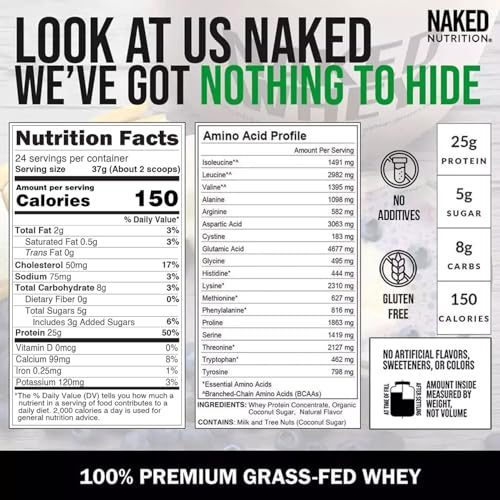 naked whey vanilla protein powder - only 3 ingredients - grass fed whey protein powder vanilla flavor and organic coconut sugar no gmo no soy and gluten free - 24 servings