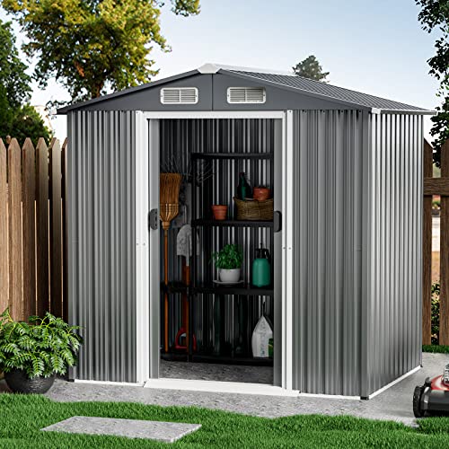 Goplus 6' x 4' Outdoor Storage Shed, Weather-Resistant Galvanized Metal Tool House w/ 4 Air Vents, Lockable Sliding Doors, Ramp, Gloves, Utility Tool Organizer for Garden, Farm, Yard Goplus 6' x 4' Outdoor Storage Shed, Weather-Resistant Galvanized Metal Tool House w/ 4 Air Vents, Lockable Sliding Doors, Ramp, Gloves, Utility Tool Organizer for Garden, Farm, Yard