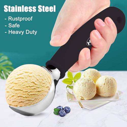 KXF Stainless Steel Ice Cream Scoop with Non-Slip Rubber Grip Heavy Duty Ice Cream Spoon Sturdy Icecream Scooper Cookie Fruit Scoop for Cookie Dough, Mash Potatoes, Melon Balls, Dishwasher Safe(Black) - Image 5