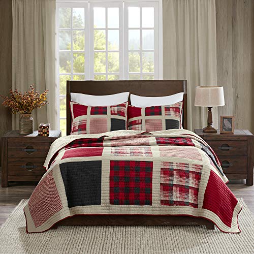 Woolrich Reversible Quilt Cabin Lifestyle Design All Season, Breathable Coverlet Bedspread Bedding Set, Matching Shams, King/Cal King, Huntington, Plaid Red, 3 Piece