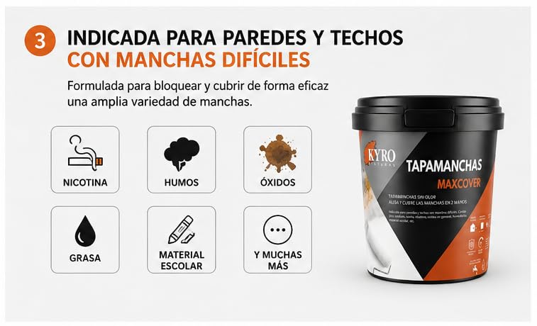TAPAMANCHAS al agua para paredes y techos. Máxima cubrición. Humo, óxido, café, grasa, aceite. Cubre manchas en 2 manos. (4 Litros)