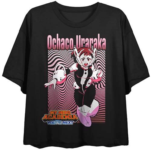 My Hero Academia: Youre Next (Movie 4) Ochaco Uraraka Fight Pose Wavy Lines Pink Lines bg Logo on Black Short Sleeve Adult Crop T-Shirt-XS