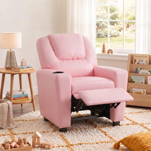 Image of 23 inch W PU Leather Recliner Chair with Cup Holder and Recline, Pink | Mini Recliner Chair Comfort with Adjustable Footrest & Backrest, Youth Boys Girls Recliner for Reading, Gaming, TV, Lounging