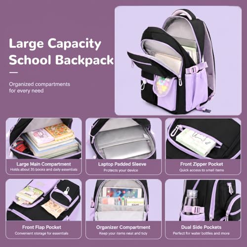 Image of PALAY School Trolley Bag for Girls Purple Black Oxford Cloth Rolling Backpack Cute Bow Waterproof Trolley Bags Multi-Compartments School Bag with Wheels for Elementary, Middle