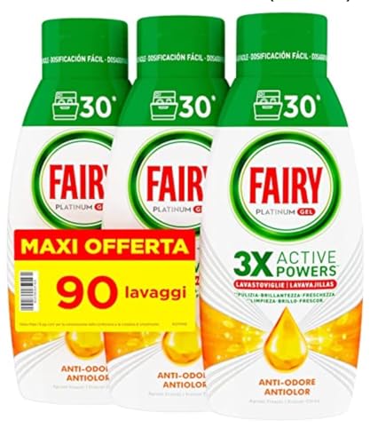 Fairy Lessive Lave-vaisselle Gel Liquide, 90 lavages, Lot de 3 bouteilles, Platinum Citron, donne Extra Brillance au Lave-vaisselle, Combine Nettoyage Brillant et...