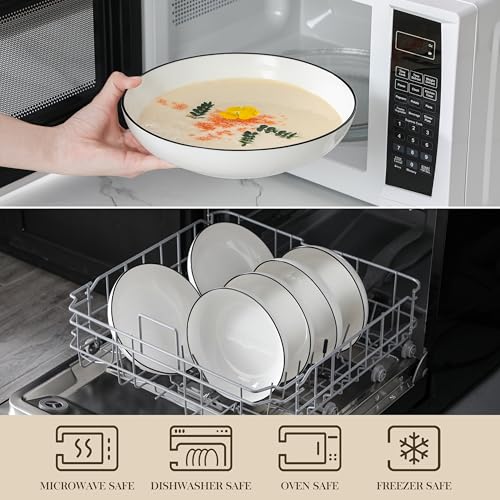 Image of MALACASA 8.85 inch Large Pasta Bowls, 42 OZ White Salad Bowls Soup Bowls, Porcelain Serving Bowls Set of 6, Ivory White with Black Rim, Microwave & Dishwasher Safe, Series REGULAR