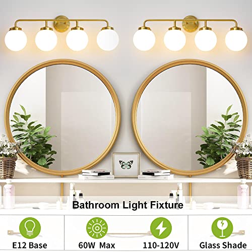 Image of Bathroom Light Fixtures 30.7in 4-Light Brushed Gold Vanity Light for Mirror | Bathroom Lighting Fixtures over Mirror, ETL, Brushed Brass Wall Sconce, Dimmable E12 Base Max 60W, Milky Glass Ball Shades