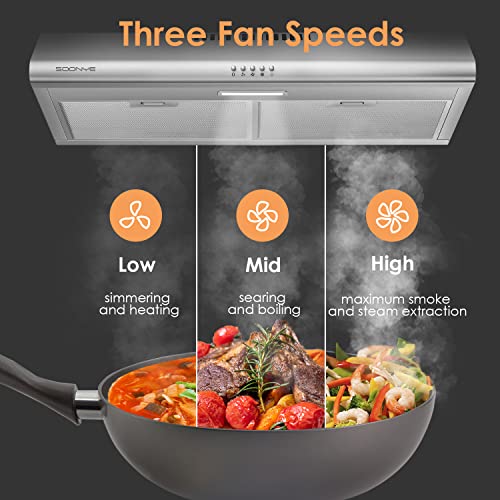 Soonye 30 Inch Stainless Steel Under Cabinet Range Hood, Slim Kitchen Vent Hood Ducted/Ductless Convertible With 3 Speed Controls, 5-Layer Aluminum Filters,Led Lights #TOP1