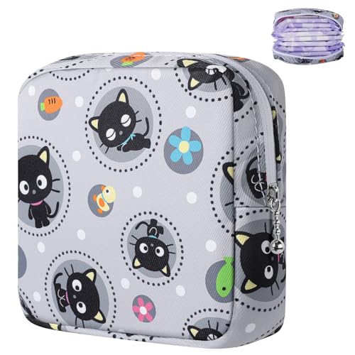 Likesing Period Bag Pouch, Canvas Sanitary Napkin Storage Bag for Girls Womens, Portable Sanitary Napkin Period Pad Pouch Bag for Purse, Small Make Up Bags(Gray Cat)