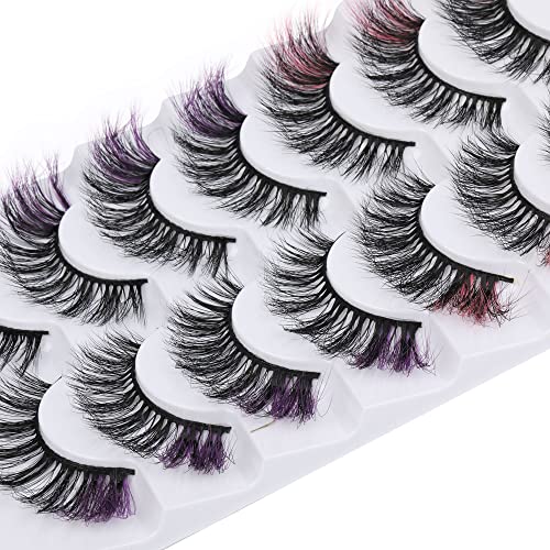 Jimire Colored False Eyelashes Pink Purple Fluffy Faux Mink Lashes Wispy 3D Volume Strip Lashes For Makeup Costume Cosplay Festival Natural Cat-Eye Fake Eye Lash Pack 7 Pairs Pack #TOP1