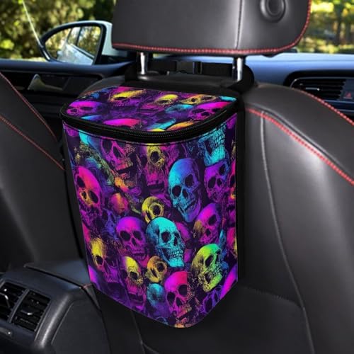 Image of Talayituse Colorful Skull Print Car Trash Bin, Large Size Auto Trash Can Adjustable Portable Garbage Can with Lid, Vehicle Hanging Bag for Headrest Front Back Seat