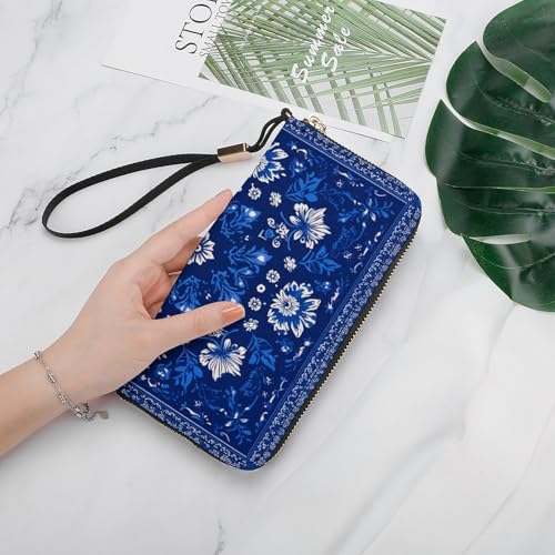 Flat Print Blue Flower PU Leather Clutch Long Bifold Wallet, Coin Purse Credit Pass Case, Durable Card-Holder Money Storage for Women Men4