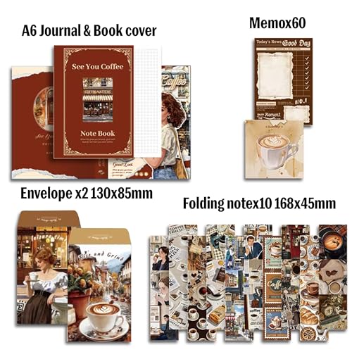 Image of The AutoStory Cafe Shop Scrapbooking Album A6 Junk Journal Notebook Aesthetic Stickers Collage Paper Washi Tape DIY Craft Art Vintage Hobby Assortment Set Present Teens (See You Coffee, Coffee)