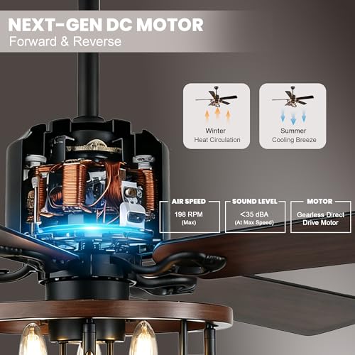 Image of Dawn Whisper 52 Inch Farmhouse Ceiling Fans with Lights Modern Black Rustic Chandeleir Ceiling Fan for Living Room Bedroom Reversible DC Motor 6 Speeds