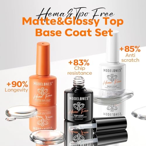 Image of modelones Hema-Free Gel Top and Base Coat Set, 3 Pcs Clear Glossy Velvet Matte Base Top Coat No Wipe Matte Top Coat for Summer nail Polish Soak Off Nail Lamp Nail Art Home Salon Manicure