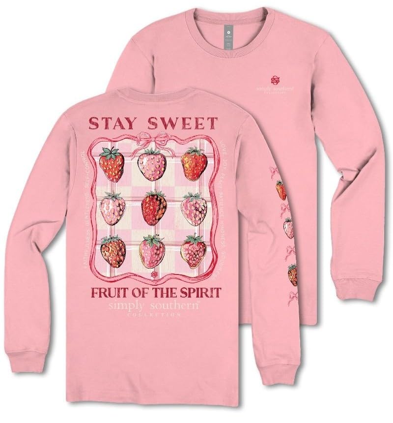 Simply Southern Stay Sweet, Fruit of The Spirit - Strawberry - Pink Bow - Adult Long Sleeve