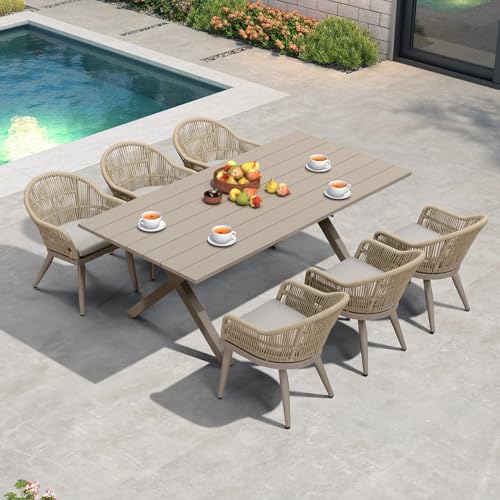 Image of PURPLE LEAF 7 Pieces Longer Patio Dining Set with Outdoor Aluminium Dining Table and Woven Chairs Modern Metal Furniture Cushions Sets for Garden Yard Indoor Decor Kitchen Champagne