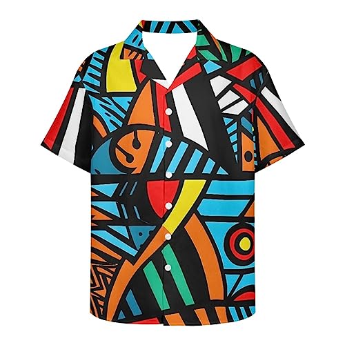 EHLACHIC Men's Picasso Abstract Geometry Print Short Sleeve Button Down Summer Beach Hawaiian Shirts