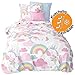 Produktbild Aminata Kids süße Biber-Bettwäsche-Set Einhorn-Motiv Mädchen 135x200 cm + 80x80 cm, Baumwolle mit Reißverschluss, unsere Regenbogen Kinder-Bettwäsche mit Unicorn-Motiv, warm & weich, Wolken, Rose