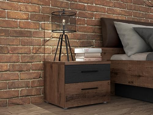 Forte Jacky Nachttisch 50 60, Nachtschrank mit 2 Schubladen, Holzwerkstoff, Edeleiche und Schwarzeiche Holzdekor, 52 cm breit x 40,8 cm hoch x 41,3 cm tief