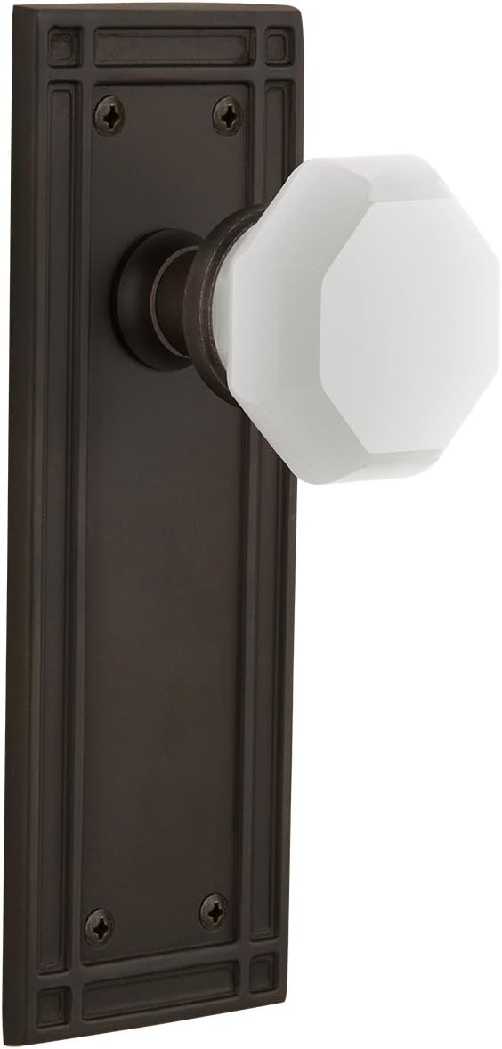 Nostalgic Warehouse 749075 Mission Plate Waldorf White Milk Glass Knob, Privacy-Backset Size: 2.375", Timeless Bronze