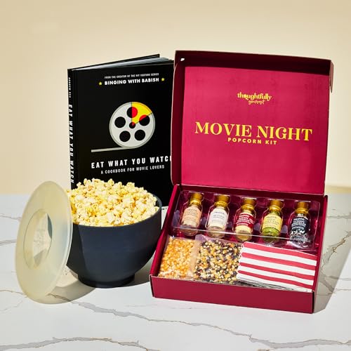 Image of Thoughtfully, Movie Night Popcorn Gift Set with Seasonings, Toppings & Popper - Includes Eat What You Watch Cookbook, Popcorn Kernels, Microwave Popper, Paper Bags