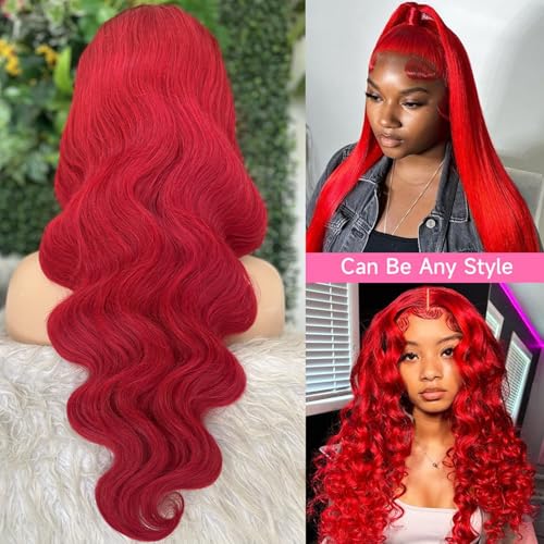 Image of 30 Inch Red Lace Front Wigs Human Hair 13x4 HD Transparent Red Colored Body Wave Human Hair Lace Front Wigs for Women 180 Density Pre Plcked Human Hair Lace Frontal Wig with Baby Hair