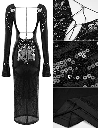Image of Women's V Neck Long Sleeve Glitter Sequins Mermaid Evening Gown Dress