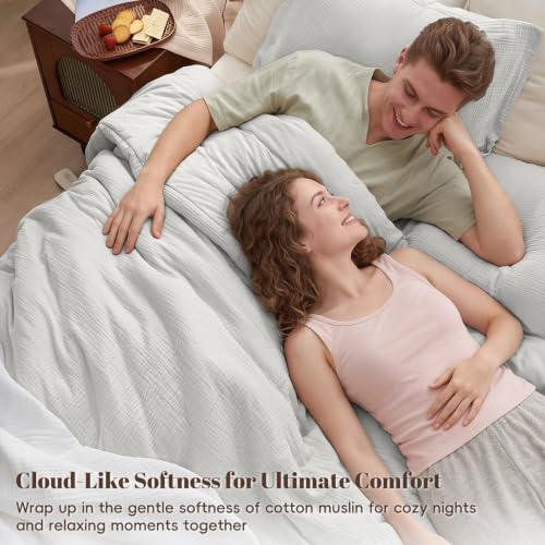 Image of PHF Cotton Muslin Comforter Set King, Ultra Soft Breathable, Light Grey